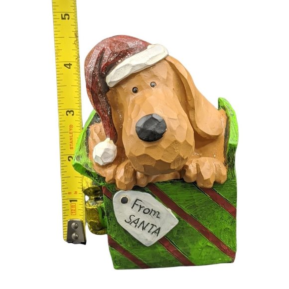 Christmas Puppy Dog wearing a Santa Hat Present From Santa Resin Xmas Figurine - Picture 2 of 8